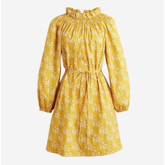 J Crew Ruffle neck Puff Sleeve Dress Liberty Organic Cotton Yellow Womens Medium - Picture 1 of 16
